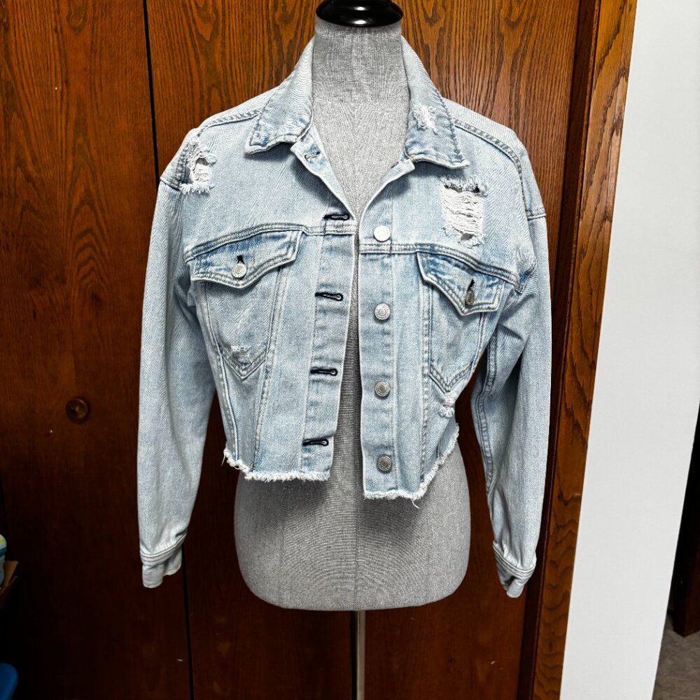 Distressed crop jean jacket